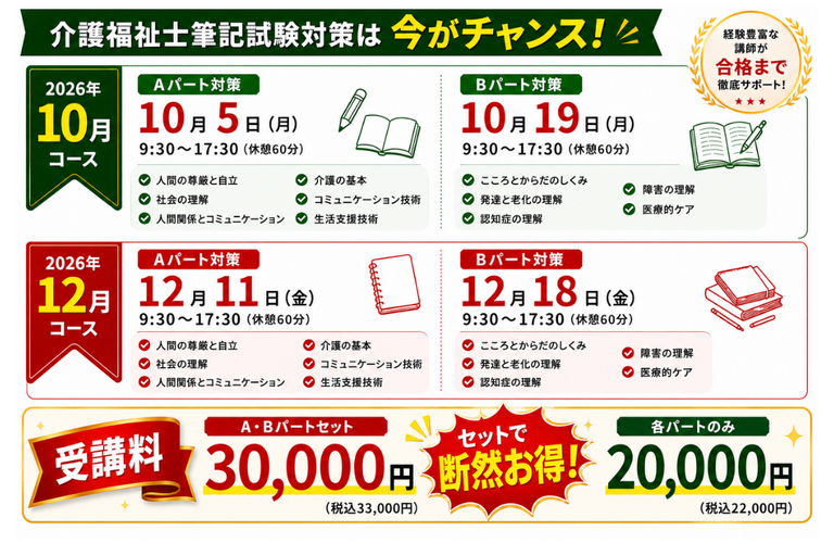◆介護福祉士筆記試験に絶対合格したい方は必見∣合格ラインが見えてくる２日間！KFC school天王寺校
