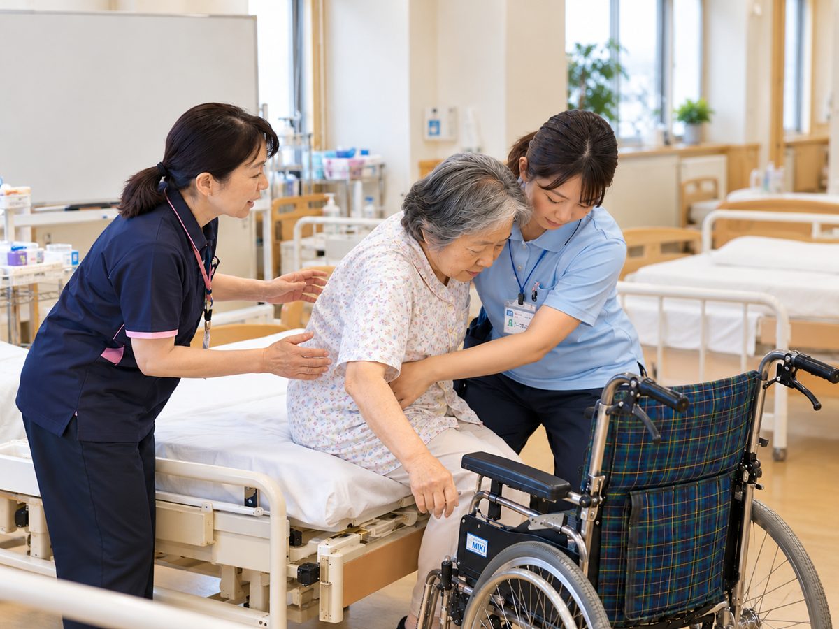介護職員初任者研修で移乗介助の実技を学ぶ様子